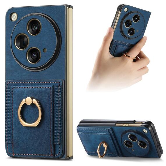 Per OPPO Find N3 Custodia per telefono a portafoglio multi-card con anello retro skin-feel (blu)