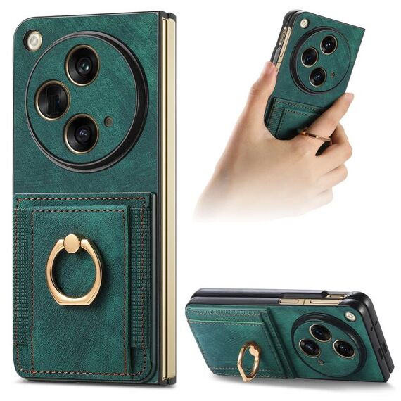 Per OPPO Find N3 Custodia per telefono a portafoglio multi-card con anello retro skin-feel (verde)