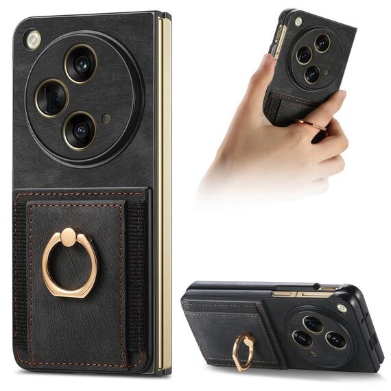 Per OPPO Find N3 Custodia per telefono a portafoglio multi-card con anello retro skin-feel (nero)