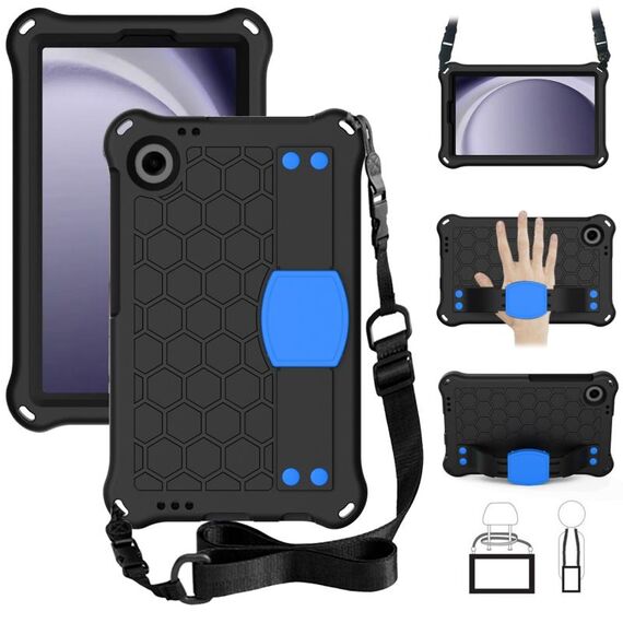 Per Samsung Galaxy Tab A9 8.7 X110/X115 Custodia per tablet PC ibrida EVA a nido d'ape con cinturino (nero + blu)