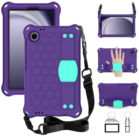 Per Samsung Galaxy Tab A9 8.7 X110/X115 Custodia per tablet PC ibrida EVA a nido d'ape con cinturino (viola+acqua)