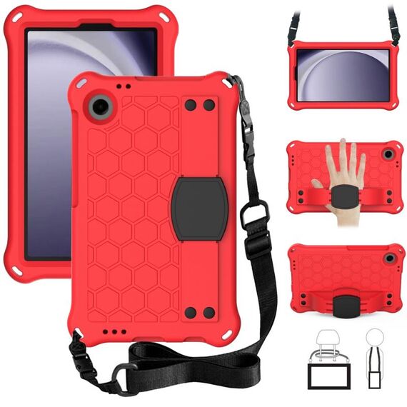 Per Samsung Galaxy Tab A9 8.7 X110/X115 Custodia per tablet PC ibrida EVA a nido d'ape con cinturino (rosso + nero)