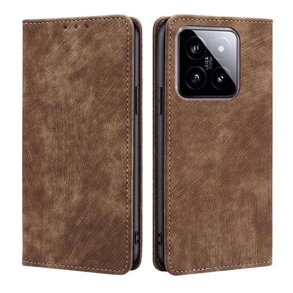 Per Xiaomi 14 Custodia per telefono in pelle magnetica con spazzola antifurto RFID (marrone)