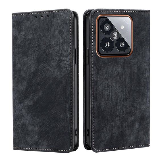 Custodia per telefono in pelle magnetica con spazzola antifurto RFID Xiaomi 14 Pro (nera)