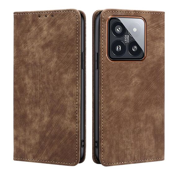 Custodia per telefono in pelle magnetica con spazzola antifurto RFID Xiaomi 14 Pro (marrone)