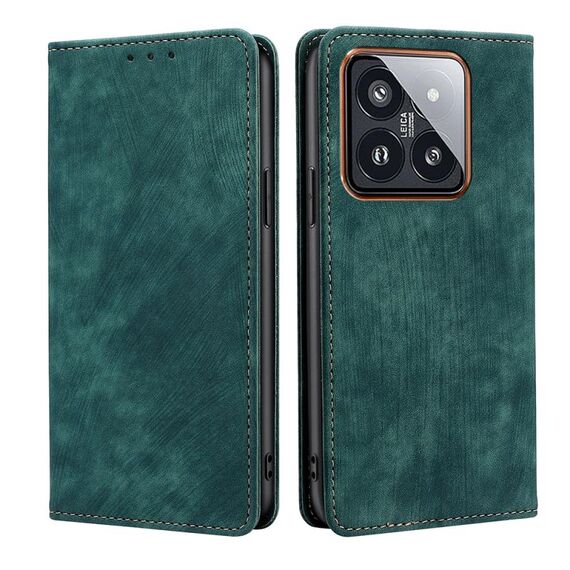 Custodia per telefono in pelle magnetica con spazzola antifurto RFID Xiaomi 14 Pro (verde)
