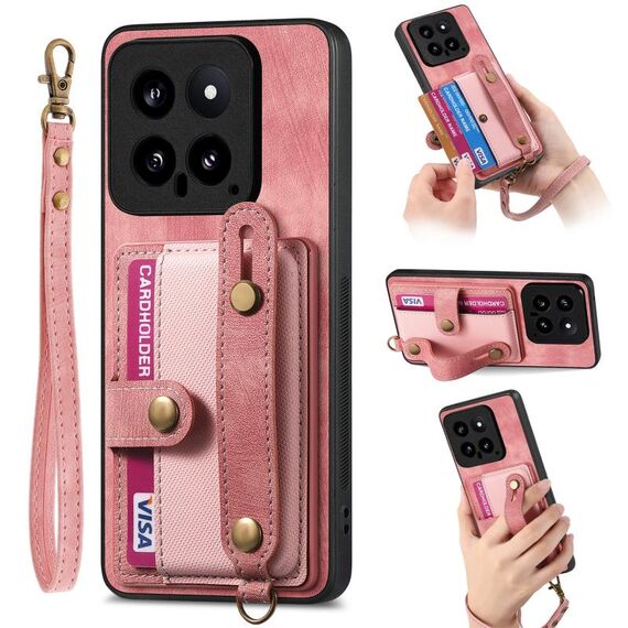 Per Xiaomi 14 Custodia per telefono con retro in pelle a portafoglio con cinturino incrociato retrò (rosa)