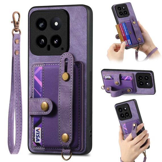 Per Xiaomi 14 Custodia per telefono con retro in pelle a portafoglio con cinturino incrociato retrò (viola)