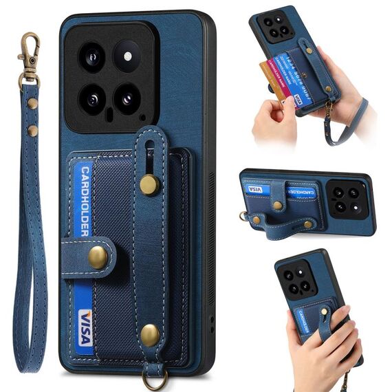Per Xiaomi 14 Custodia per telefono con retro in pelle a portafoglio con cinturino incrociato retrò (blu)