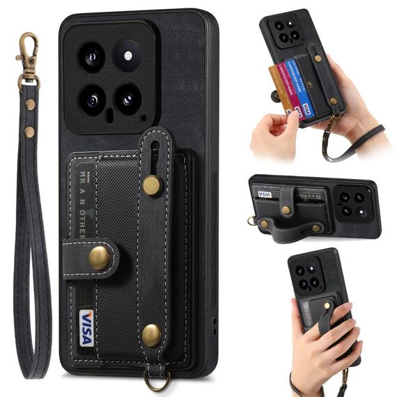 Per Xiaomi 14 Custodia per telefono con retro in pelle a portafoglio con cinturino incrociato retrò (nero)