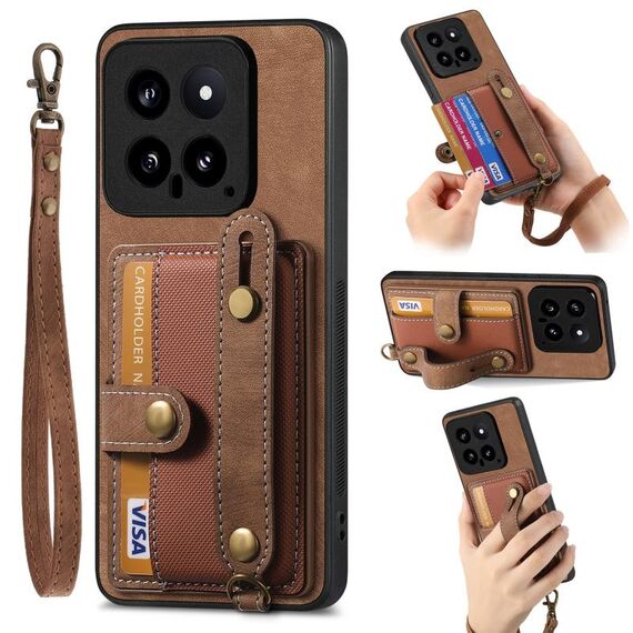 Per Xiaomi 14 Custodia per telefono con retro in pelle a portafoglio con cinturino incrociato retrò (marrone)