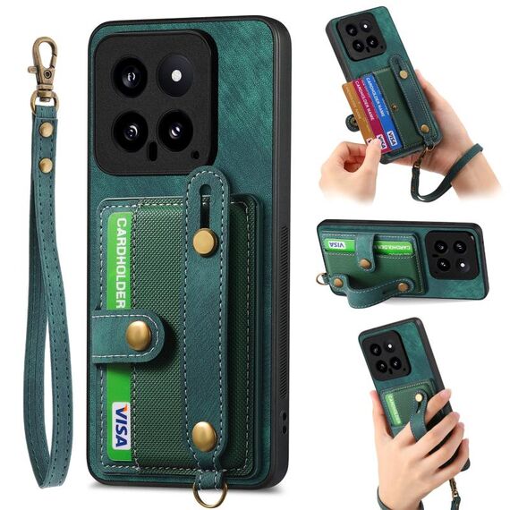 Per Xiaomi 14 Custodia per telefono con retro in pelle a portafoglio con cinturino incrociato retrò (verde)