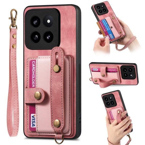 Per Xiaomi 14 Pro Custodia per telefono con retro in pelle a portafoglio con cinturino incrociato retrò (rosa)