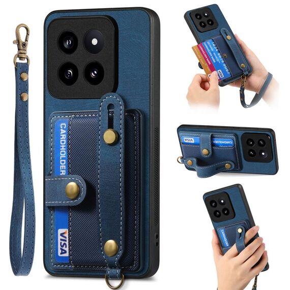 Per Xiaomi 14 Pro Custodia per telefono con retro in pelle a portafoglio con cinturino incrociato retrò (blu)