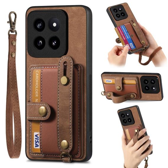 Per Xiaomi 14 Pro Custodia per telefono con retro in pelle a portafoglio con cinturino incrociato retrò (marrone)