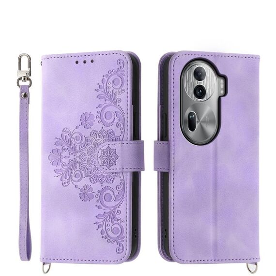 Per OPPO Reno 11 Pro Custodia per telefono in pelle con fiori in rilievo con sensazione di pelle (viola)