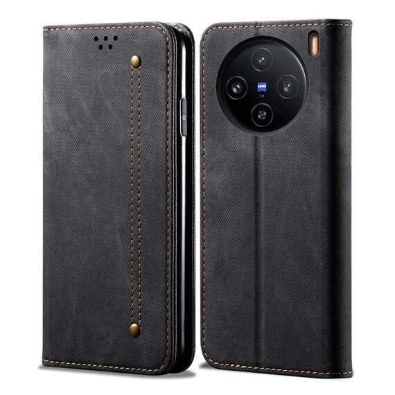 Custodia per cellulare in pelle flip con texture denim per vivo X100 (nera)
