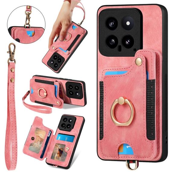 Per Xiaomi 14 Custodia per telefono a portafoglio con multi-scheda RFID con anello retro skin-feel (rosa)