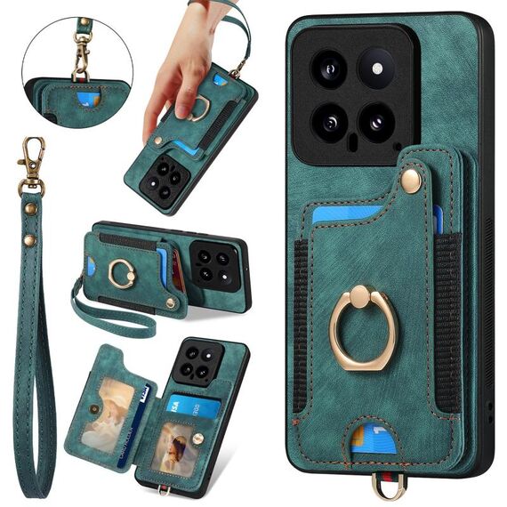 Per Xiaomi 14 Custodia per telefono a portafoglio multi-card RFID con anello retro skin-feel (verde)