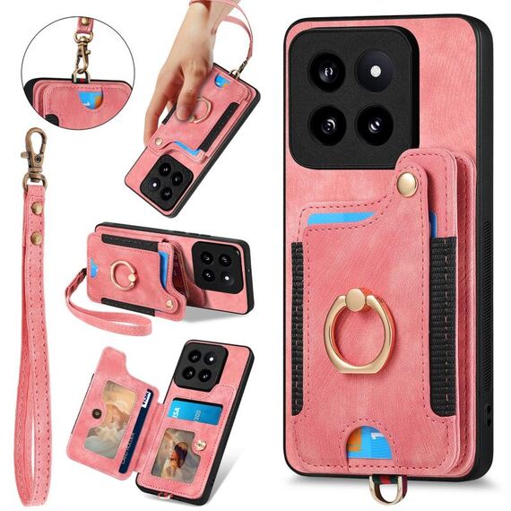Per Xiaomi 14 Pro Custodia per telefono a portafoglio multi-card RFID con anello retro skin-feel (rosa)
