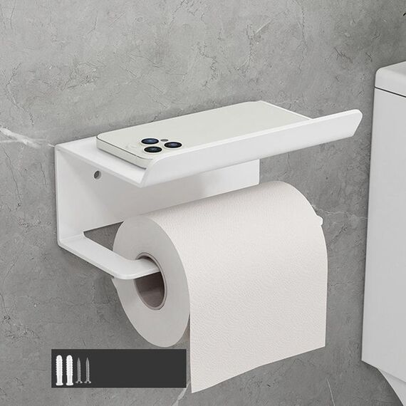 Portarotolo da bagno in acciaio inossidabile, ripiano per cellulare, senza perforazione, stile: portarotolo (bianco）