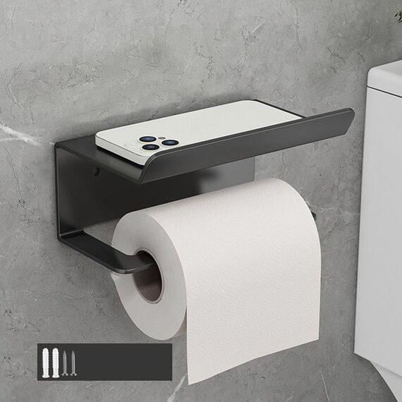 Portarotolo da bagno in acciaio inossidabile, ripiano per cellulare, senza perforazione, stile: portarotolo (nero)