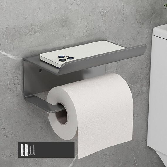Portarotolo da bagno in acciaio inossidabile, ripiano per cellulare, senza perforazione, stile: portarotolo (grigio)