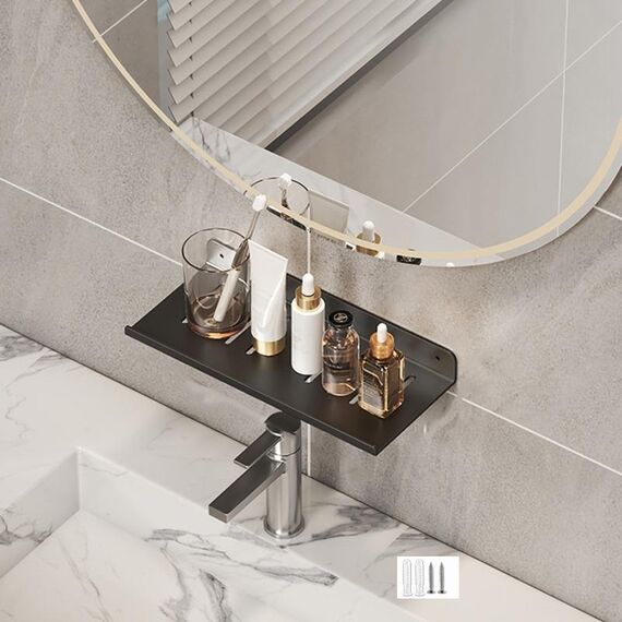 Scaffale per rubinetto, bagno di casa, scaffale per trucco, senza foro, lunghezza: 30 cm (nero)