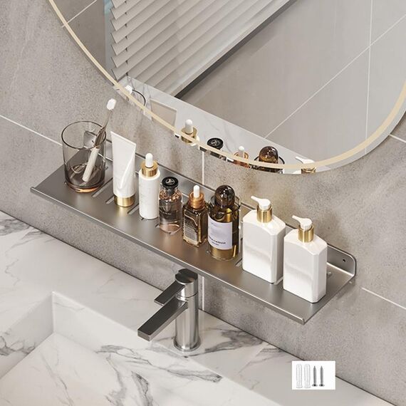 Scaffale per rubinetto, bagno di casa, scaffale per trucco, senza foro, lunghezza: 50 cm (grigio)