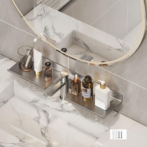 Scaffale per rubinetto, bagno di casa, scaffale per trucco, senza foro, lunghezza: 50 cm, a forma di U (grigio)
