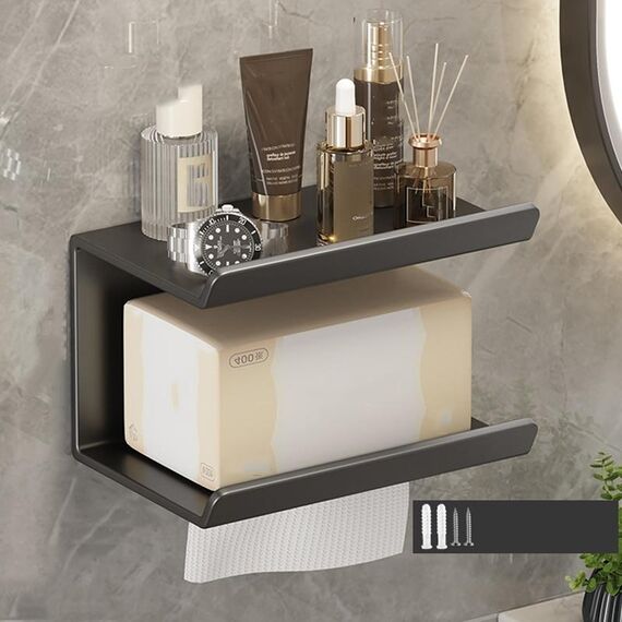 Scaffale da bagno 2 in 1 senza perforazione, portasciugamani di carta per la casa, telefono cellulare, portaoggetti per articoli da toeletta (nero)