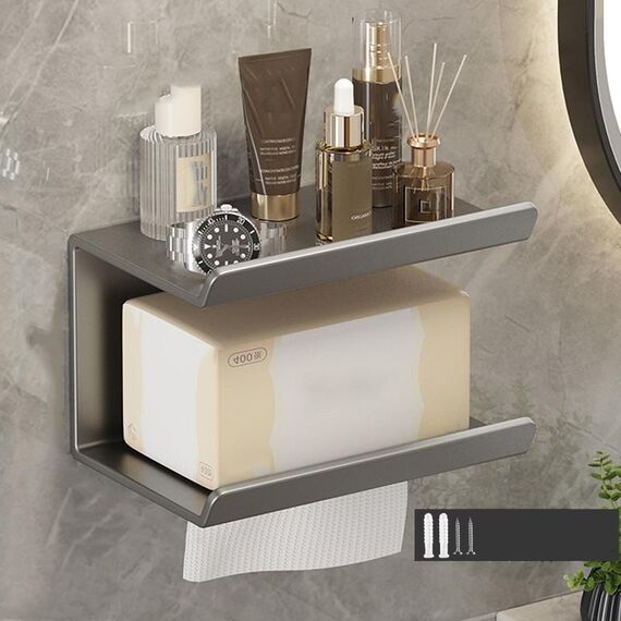 Scaffale da bagno 2 in 1 senza perforazione, portasciugamani di carta per la casa, telefono cellulare, portaoggetti per articoli da toeletta (grigio)