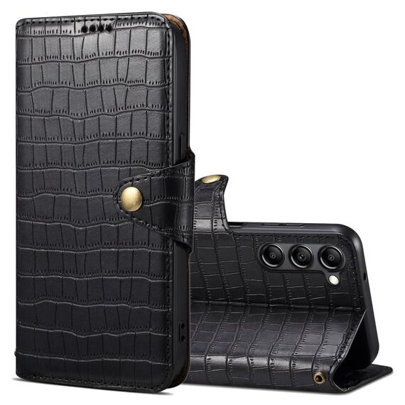 Per Samsung Galaxy S24 5G Denior Custodia in pelle di coccodrillo con bordo olio (Nero)