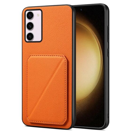 Custodia per telefono posteriore in similpelle di vitello Denior per Samsung Galaxy S23+ 5G con supporto (arancione)