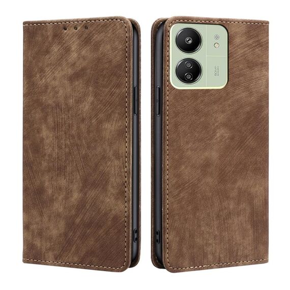 Per Xiaomi Redmi 13C Custodia per telefono in pelle magnetica con spazzola antifurto RFID (marrone)