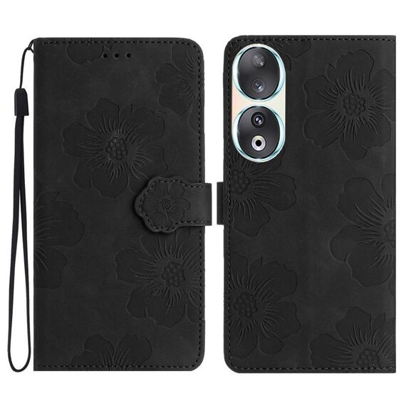 Custodia per telefono in pelle con motivo floreale in rilievo per Honor 90 (nera)