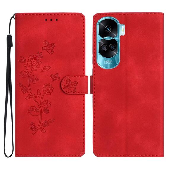 Custodia per cellulare in pelle con motivo a farfalla con fiori per Honor 90 Lite (rossa)