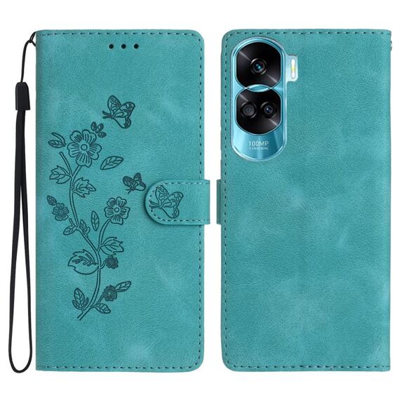 Custodia per telefono in pelle con motivo a farfalla con fiore per Honor 90 Lite (blu cielo)