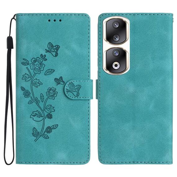 Custodia per telefono in pelle con motivo a farfalla con fiore per Honor 90 Pro (blu cielo)
