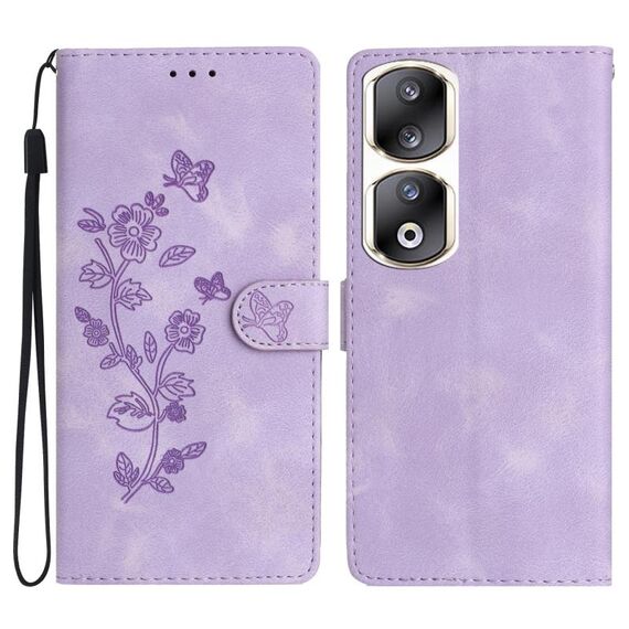 Custodia per telefono in pelle con motivo a farfalla con fiore per Honor 90 Pro (viola)