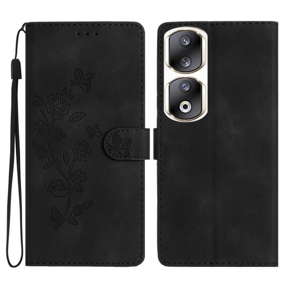 Custodia per cellulare in pelle con motivo a farfalla con fiore per Honor 90 Pro (nera)