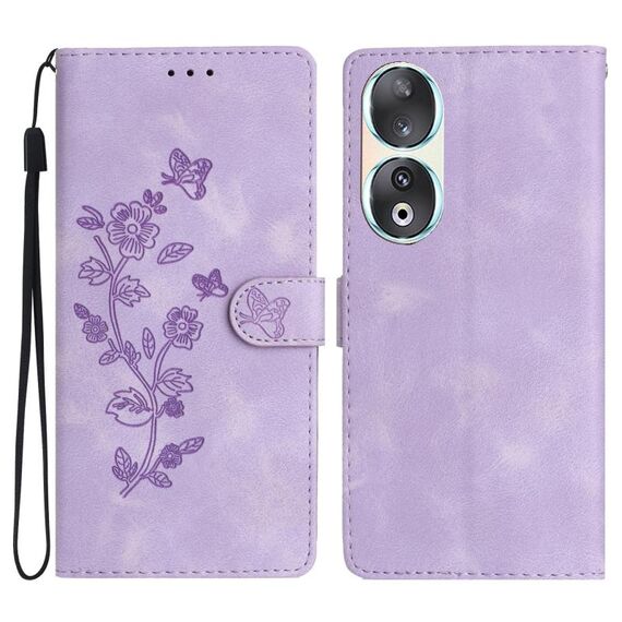 Custodia per telefono in pelle con motivo a farfalla con fiore per Honor 90 (viola)