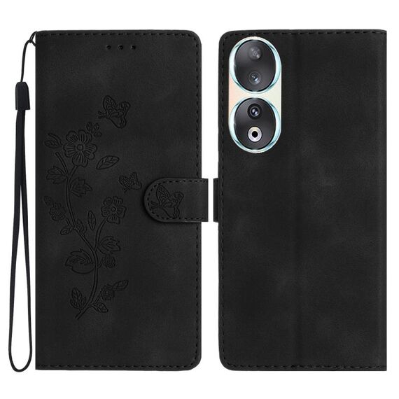 Custodia per cellulare in pelle con motivo a farfalla con fiore per Honor 90 (nera)