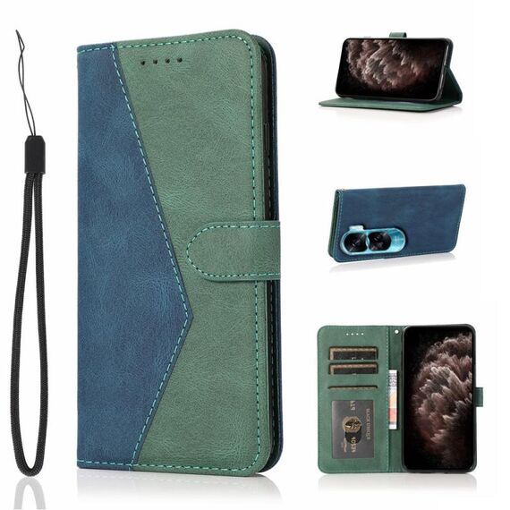 Custodia per telefono in pelle con cuciture bicolore per Honor 90 Lite (blu verde)