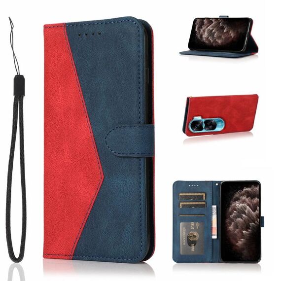 Custodia per telefono in pelle con cuciture bicolore per Honor 90 Lite (rosso blu)