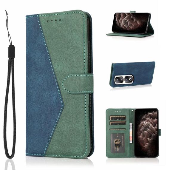 Custodia per telefono in pelle con cuciture bicolore per Honor 90 Pro (blu verde)