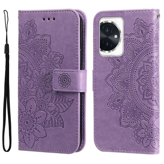 Custodia per telefono in pelle con stampa a fiori a 7 petali per Honor 100 (viola chiaro)