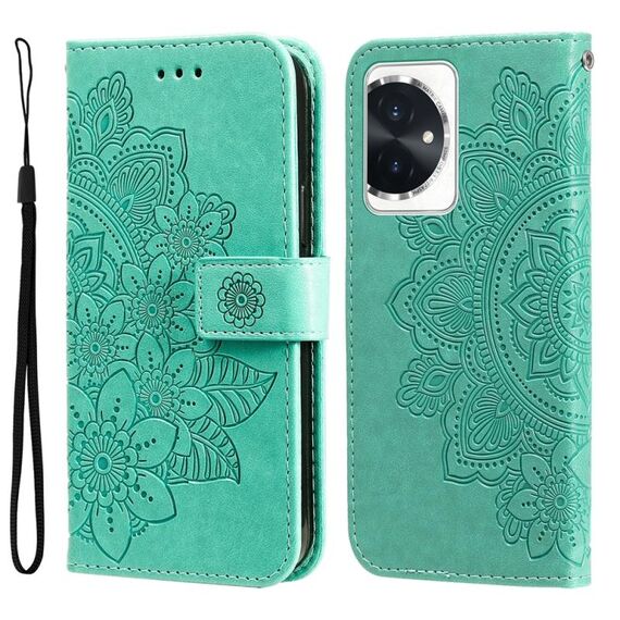 Custodia per telefono in pelle con stampa a fiori a 7 petali per Honor 100 (verde)