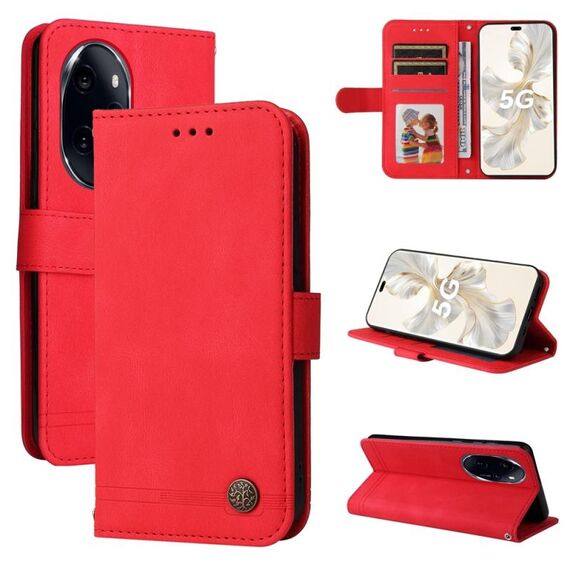 Per Honor 100 Pro Skin Feel Life Tree Custodia in pelle con bottoni in metallo (Rosso)