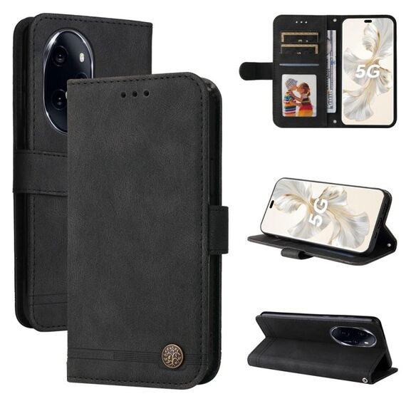 Per Honor 100 Pro Skin Feel Life Tree Custodia in pelle con bottoni in metallo (nera)